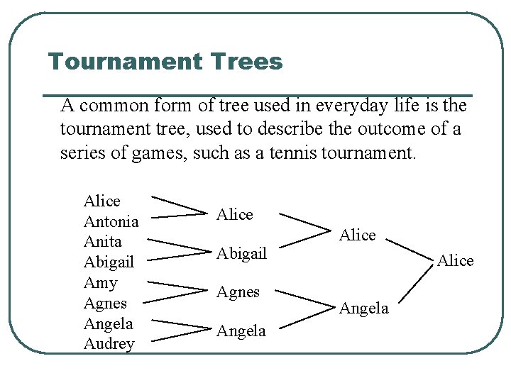 Tournament Trees A common form of tree used in everyday life is the tournament