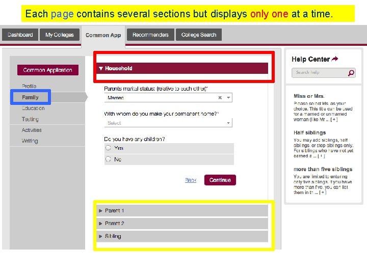 Each page contains several sections but displays only one at a time. 