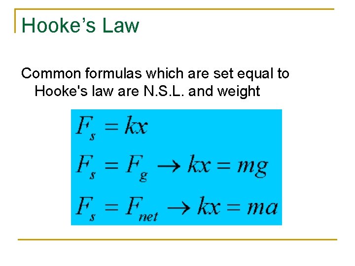 Hooke’s Law Common formulas which are set equal to Hooke's law are N. S. Hooke’s Law Common formulas which are set equal to Hooke's law are N. S.