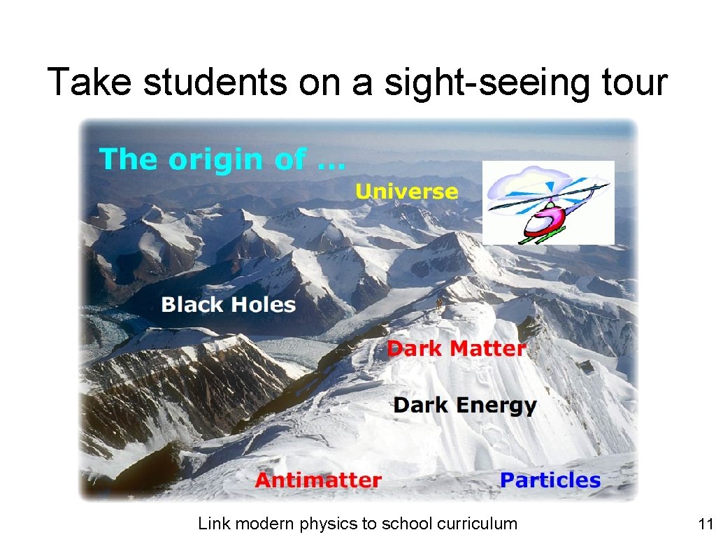 Take students on a sight-seeing tour Link modern physics to school curriculum 11 