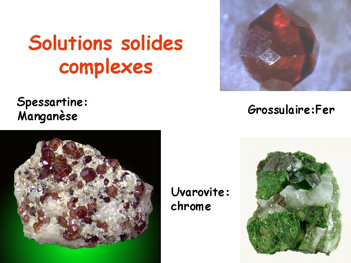 Solutions solides complexes Spessartine: Manganèse Grossulaire: Fer Uvarovite: chrome 