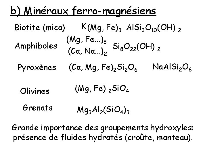 b) Minéraux ferro-magnésiens Biotite (mica) Amphiboles K (Mg, Fe)3 Al. Si 3 O 10(OH)