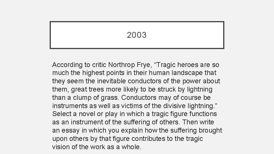 2003 According to critic Northrop Frye, “Tragic heroes are so much the highest points