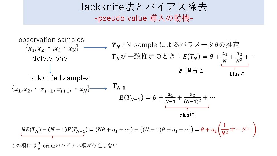 Jackknife法とバイアス除去 -pseudo value 導入の動機- delete-one E：期待値 Jackknifed samples bias項 