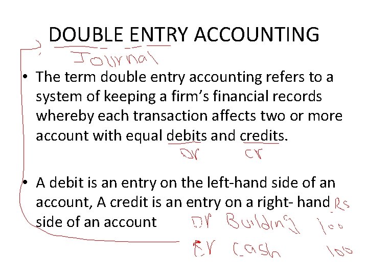 DOUBLE ENTRY ACCOUNTING • The term double entry accounting refers to a system of