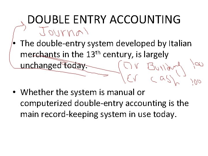 DOUBLE ENTRY ACCOUNTING • The double-entry system developed by Italian merchants in the 13