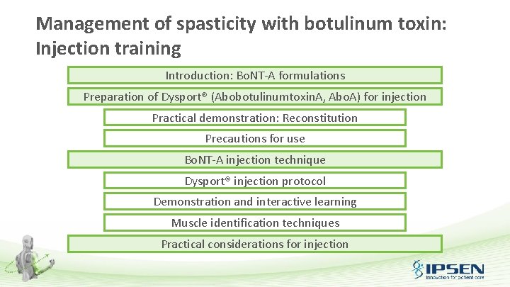 Management of spasticity with botulinum toxin: Injection training Introduction: Bo. NT-A formulations Preparation of