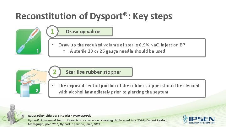 Reconstitution of Dysport®: Key steps 1 • 2 • Draw up saline Draw up