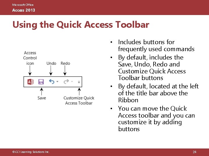 Microsoft Office Access 2013 Using the Quick Access Toolbar • Includes buttons for frequently