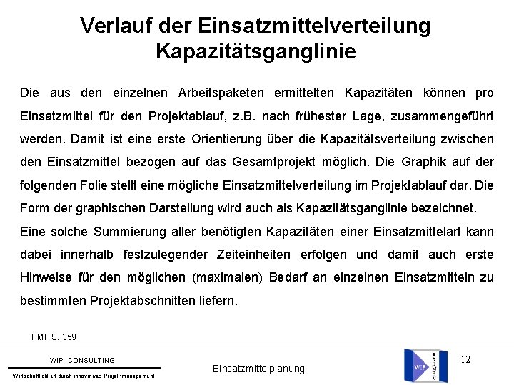 Verlauf der Einsatzmittelverteilung Kapazitätsganglinie Die aus den einzelnen Arbeitspaketen ermittelten Kapazitäten können pro Einsatzmittel