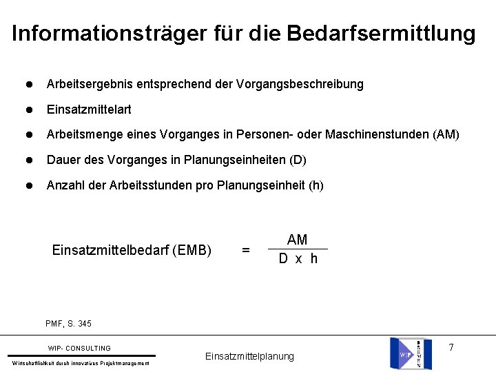 Informationsträger für die Bedarfsermittlung Arbeitsergebnis entsprechend der Vorgangsbeschreibung Einsatzmittelart Arbeitsmenge eines Vorganges in Personen-