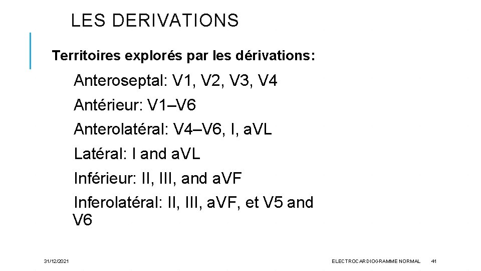 LES DERIVATIONS Territoires explorés par les dérivations: Anteroseptal: V 1, V 2, V 3,