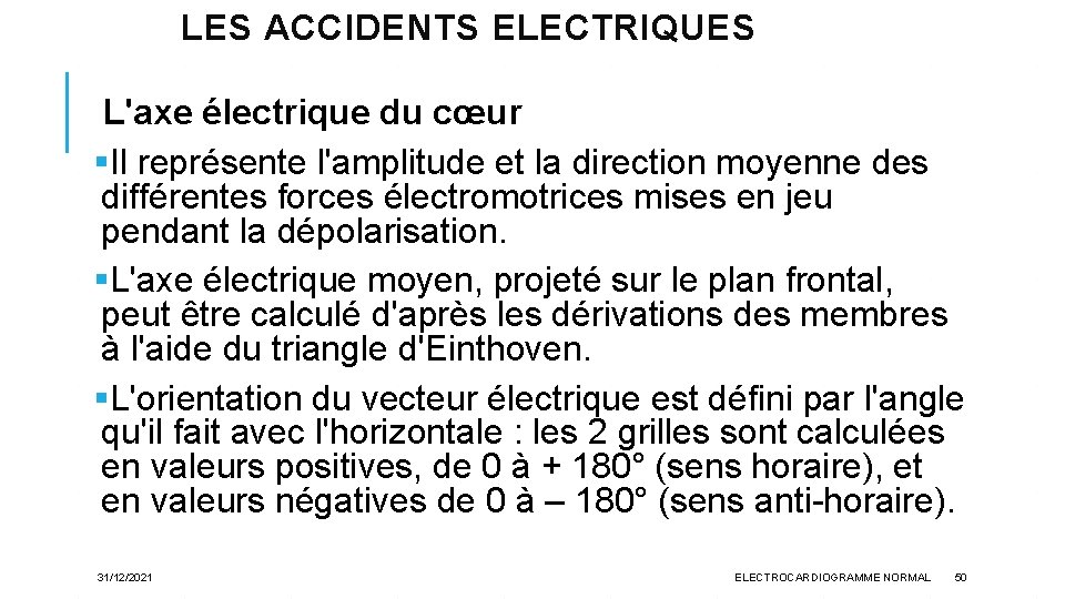 LES ACCIDENTS ELECTRIQUES L'axe électrique du cœur §Il représente l'amplitude et la direction moyenne