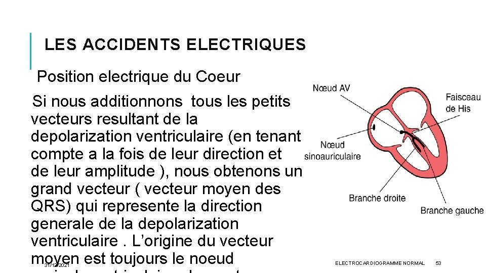 LES ACCIDENTS ELECTRIQUES Position electrique du Coeur Si nous additionnons tous les petits vecteurs