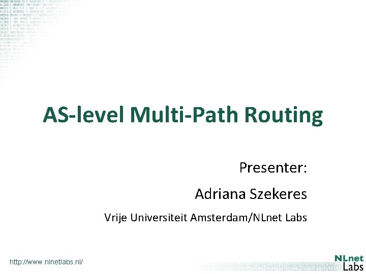 AS-level Multi-Path Routing Presenter: Adriana Szekeres Vrije Universiteit Amsterdam/NLnet Labs http: //www. nlnetlabs. nl/