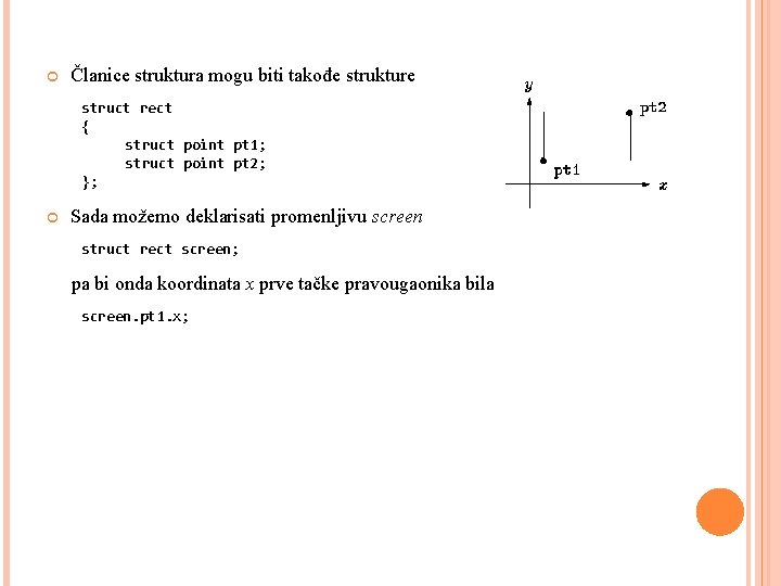  Članice struktura mogu biti takođe strukture struct rect { struct point pt 1;