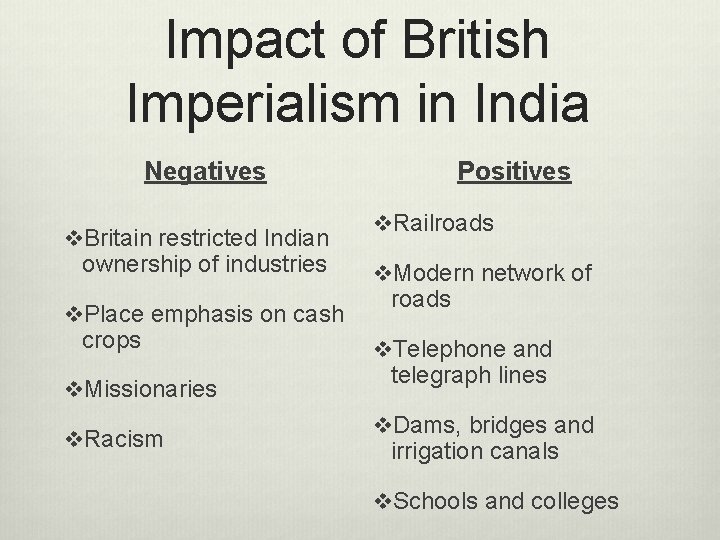 Impact of British Imperialism in India Negatives v. Britain restricted Indian ownership of industries