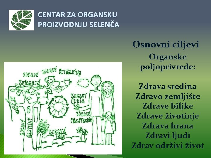 CENTAR ZA ORGANSKU PROIZVODNJU SELENČA Osnovni ciljevi Organske poljoprivrede: Zdrava sredina Zdravo zemljište Zdrave