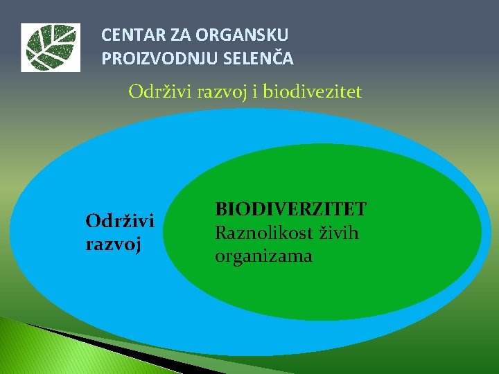 CENTAR ZA ORGANSKU PROIZVODNJU SELENČA Održivi razvoj i biodivezitet Održivi razvoj BIODIVERZITET Raznolikost živih