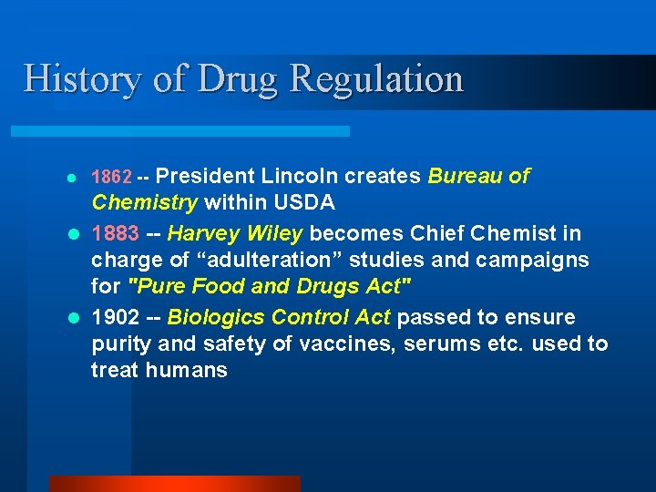 History of Drug Regulation President Lincoln creates Bureau of Chemistry within USDA l 1883