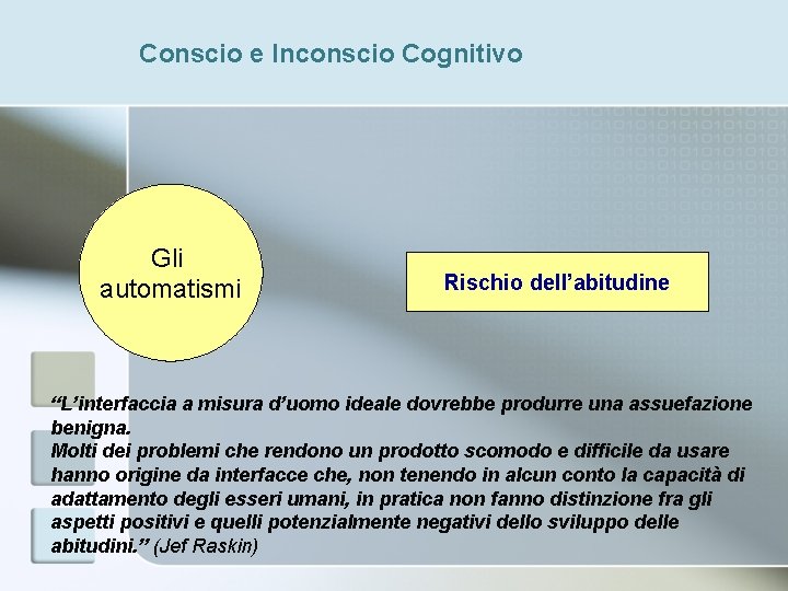Conscio e Inconscio Cognitivo Gli automatismi Rischio dell’abitudine “L’interfaccia a misura d’uomo ideale dovrebbe