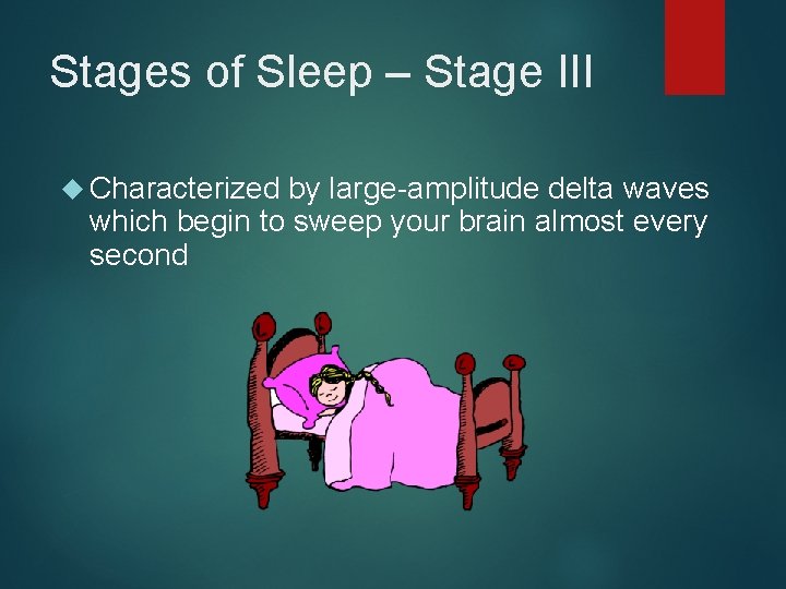 Stages of Sleep – Stage III Characterized by large-amplitude delta waves which begin to