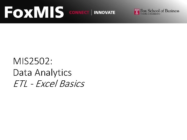 MIS 2502: Data Analytics ETL - Excel Basics 