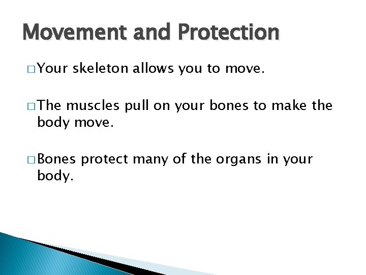 Movement and Protection � Your skeleton allows you to move. � The muscles pull