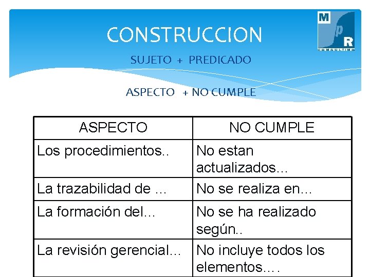 CONSTRUCCION SUJETO + PREDICADO ASPECTO + NO CUMPLE ASPECTO Los procedimientos. . La trazabilidad