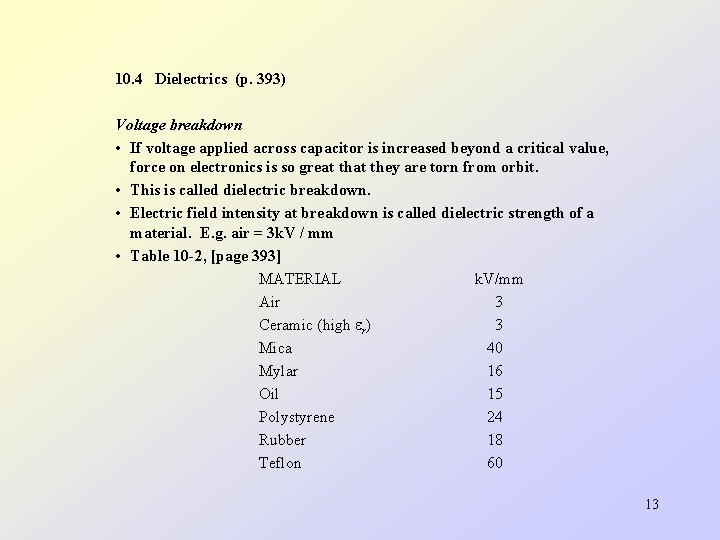 10. 4 Dielectrics (p. 393) Voltage breakdown • If voltage applied across capacitor is