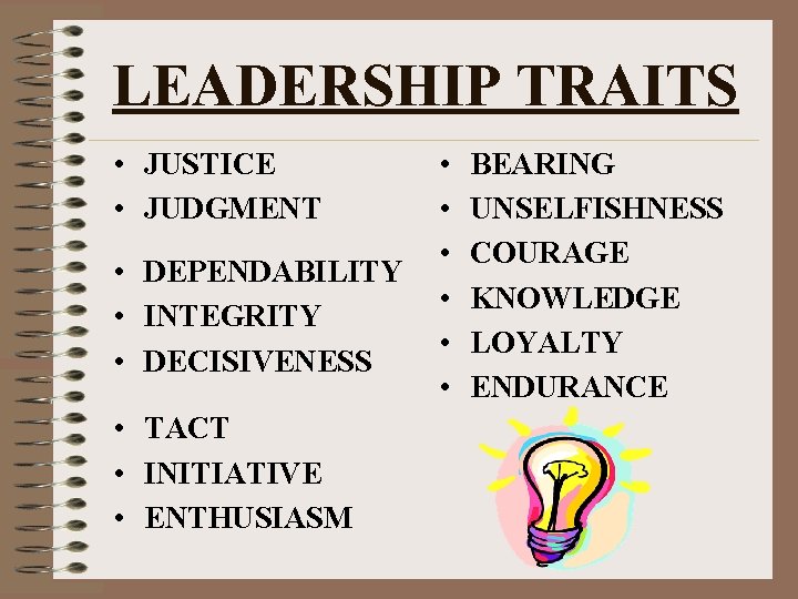 LEADERSHIP TRAITS • JUSTICE • JUDGMENT • DEPENDABILITY • INTEGRITY • DECISIVENESS • TACT