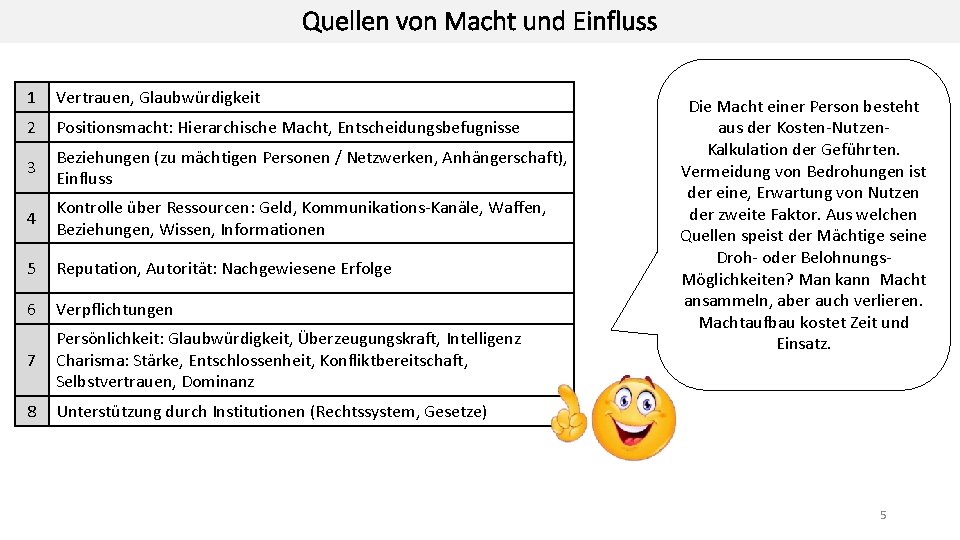 Quellen von Macht und Einfluss 1 Vertrauen, Glaubwürdigkeit 2 Positionsmacht: Hierarchische Macht, Entscheidungsbefugnisse 3