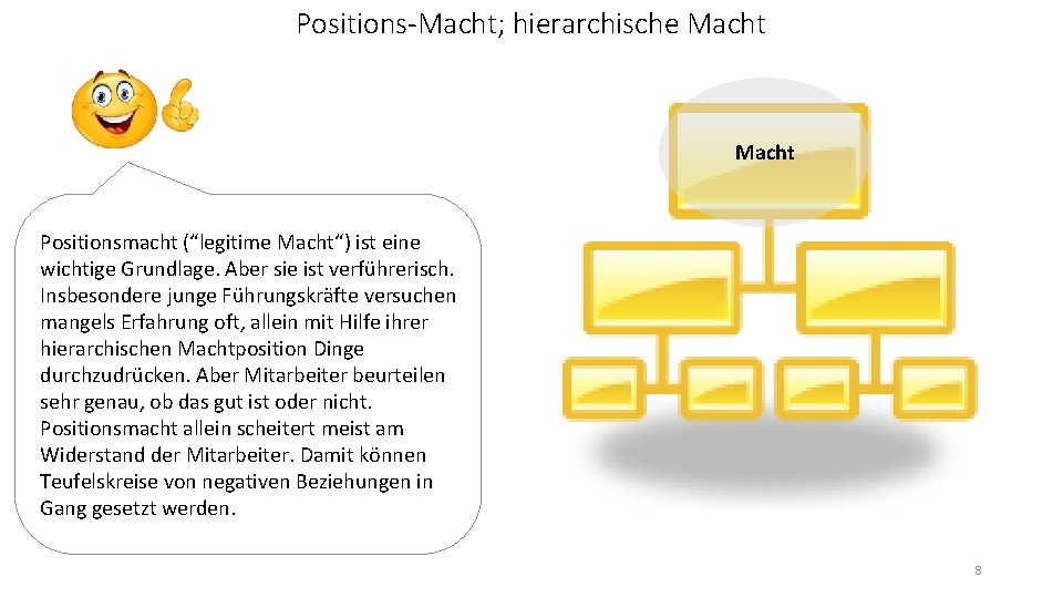 Positions-Macht; hierarchische Macht Positionsmacht (“legitime Macht“) ist eine wichtige Grundlage. Aber sie ist verführerisch.