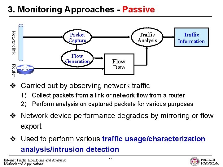 3. Monitoring Approaches - Passive Network link Traffic Analysis Packet Capture Router Flow Generation