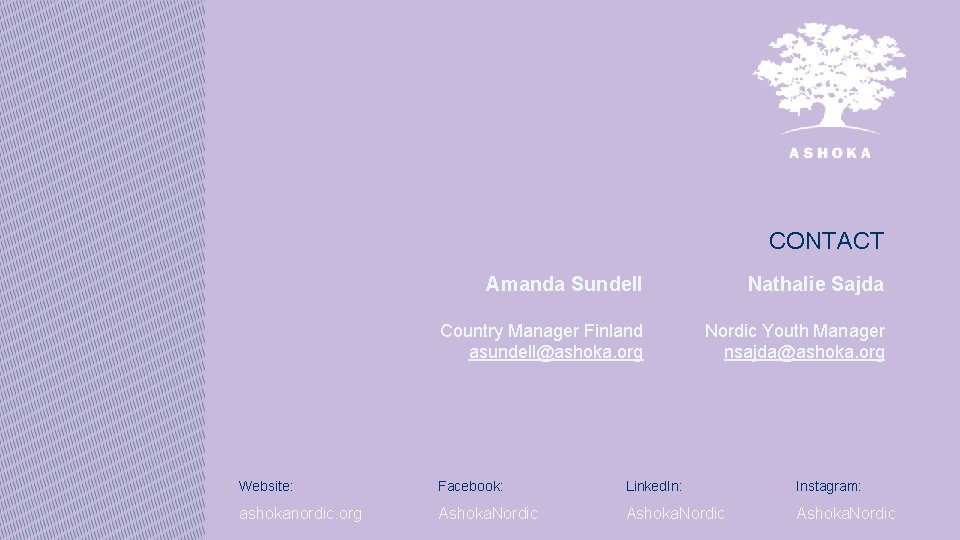 CONTACT Amanda Sundell Nathalie Sajda Country Manager Finland asundell@ashoka. org Nordic Youth Manager nsajda@ashoka.
