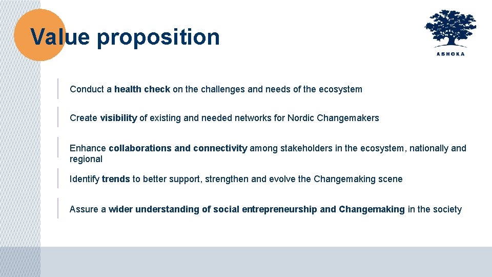 Value proposition Conduct a health check on the challenges and needs of the ecosystem