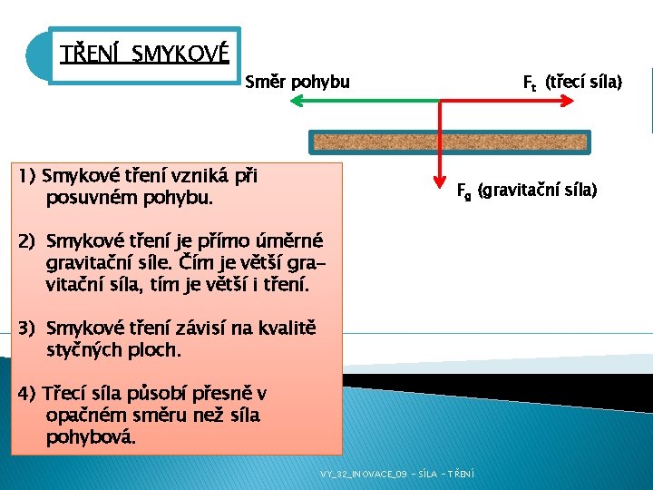 TŘENÍ SMYKOVÉ Směr pohybu 1) Smykové tření vzniká při posuvném pohybu. Ft (třecí síla)