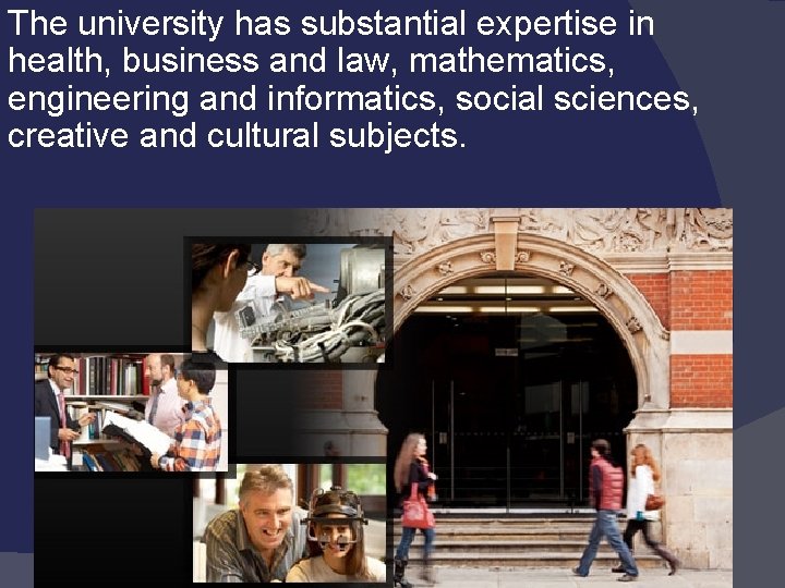 The university has substantial expertise in health, business and law, mathematics, engineering and informatics,