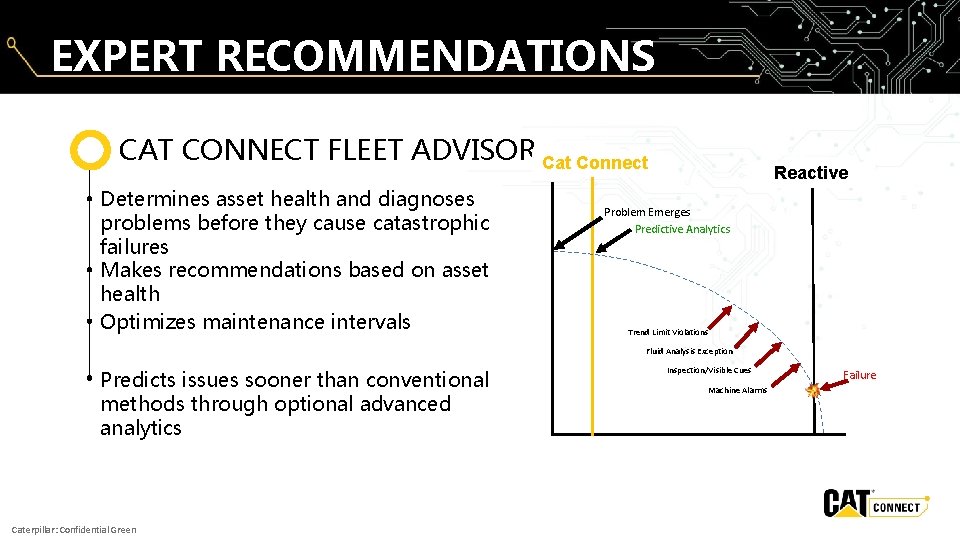 EXPERT RECOMMENDATIONS CAT CONNECT FLEET ADVISOR Cat Connect Determines asset health and diagnoses problems