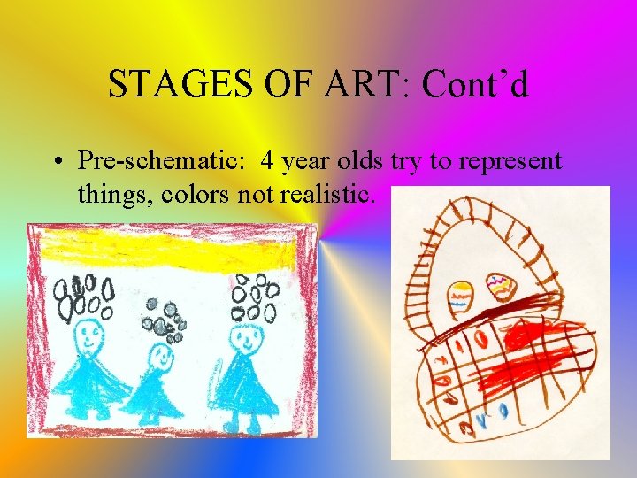 STAGES OF ART: Cont’d • Pre-schematic: 4 year olds try to represent things, colors