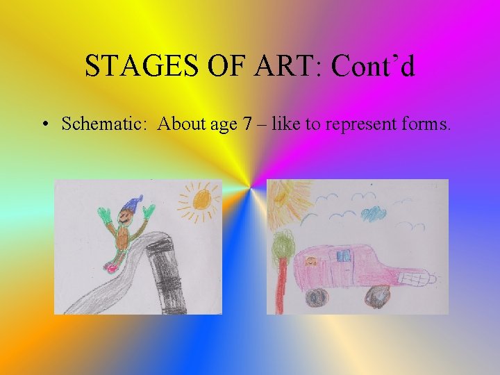 STAGES OF ART: Cont’d • Schematic: About age 7 – like to represent forms.