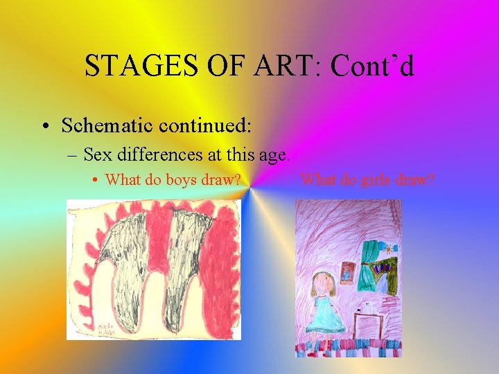 STAGES OF ART: Cont’d • Schematic continued: – Sex differences at this age. •