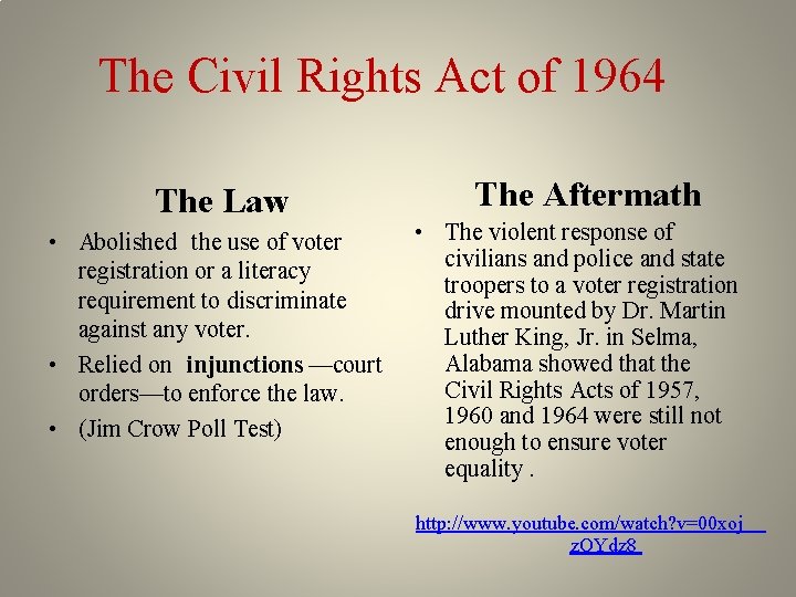 The Civil Rights Act of 1964 The Law • Abolished the use of voter