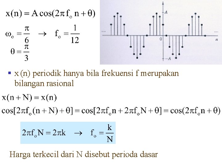 § x (n) periodik hanya bila frekuensi f merupakan bilangan rasional Harga terkecil dari