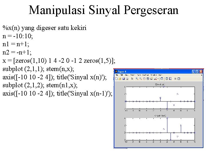 Manipulasi Sinyal Pergeseran %x(n) yang digeser satu kekiri n = -10: 10; n 1