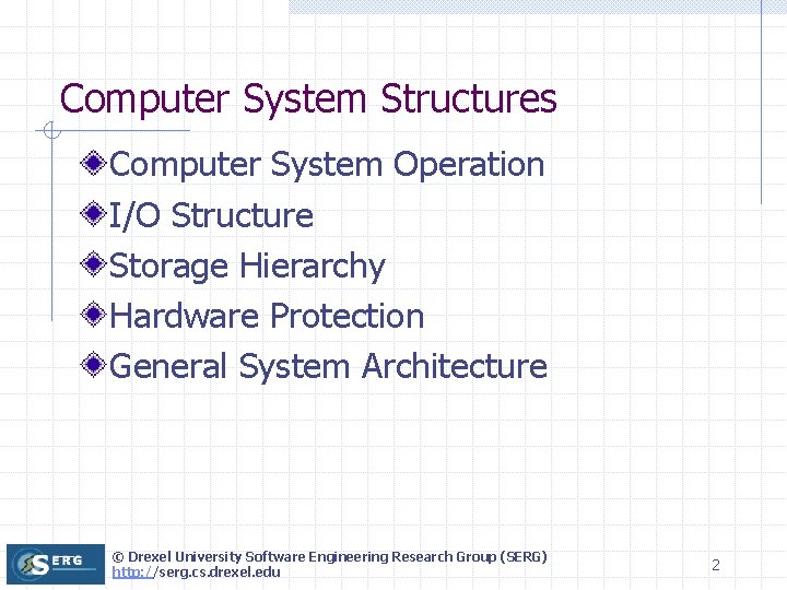 Computer System Structures Computer System Operation I/O Structure Storage Hierarchy Hardware Protection General System