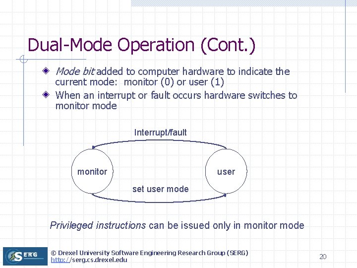 Dual-Mode Operation (Cont. ) Mode bit added to computer hardware to indicate the current