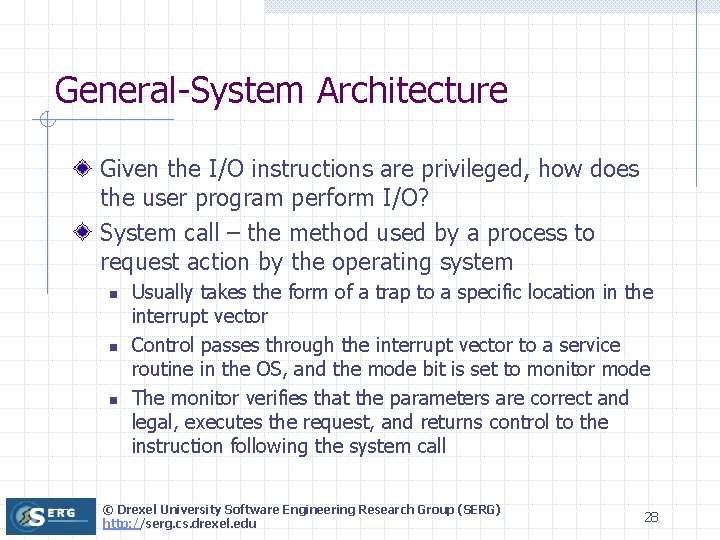 General-System Architecture Given the I/O instructions are privileged, how does the user program perform