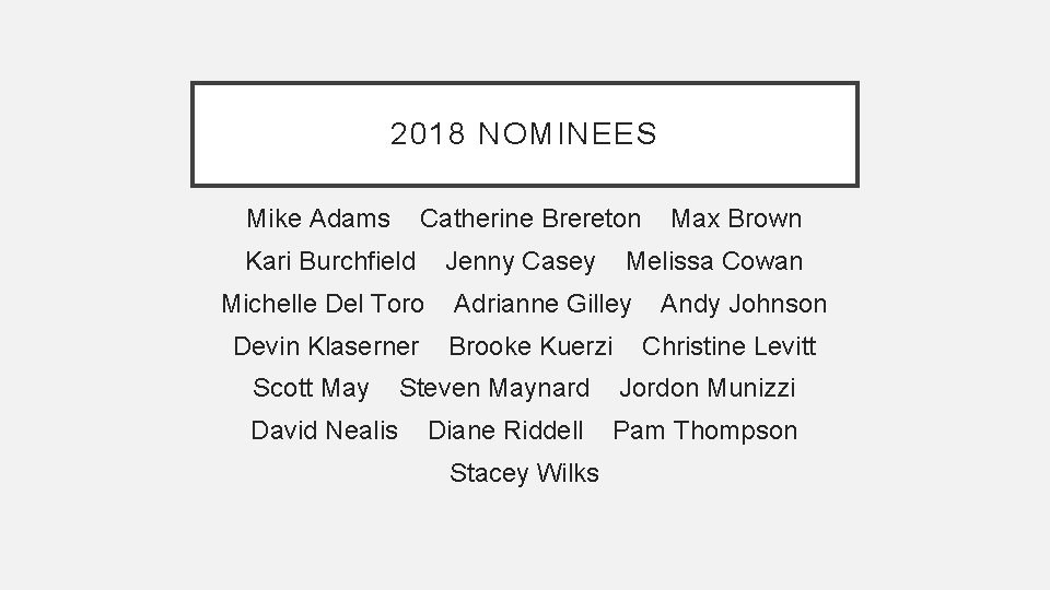 2018 NOMINEES Mike Adams Catherine Brereton Kari Burchfield Michelle Del Toro Devin Klaserner Scott