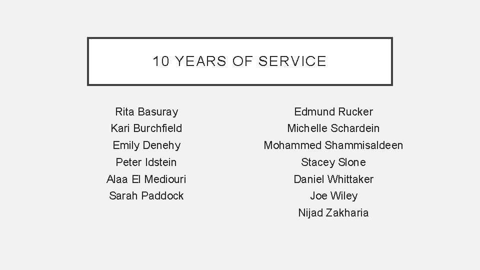 10 YEARS OF SERVICE Rita Basuray Edmund Rucker Kari Burchfield Michelle Schardein Emily Denehy